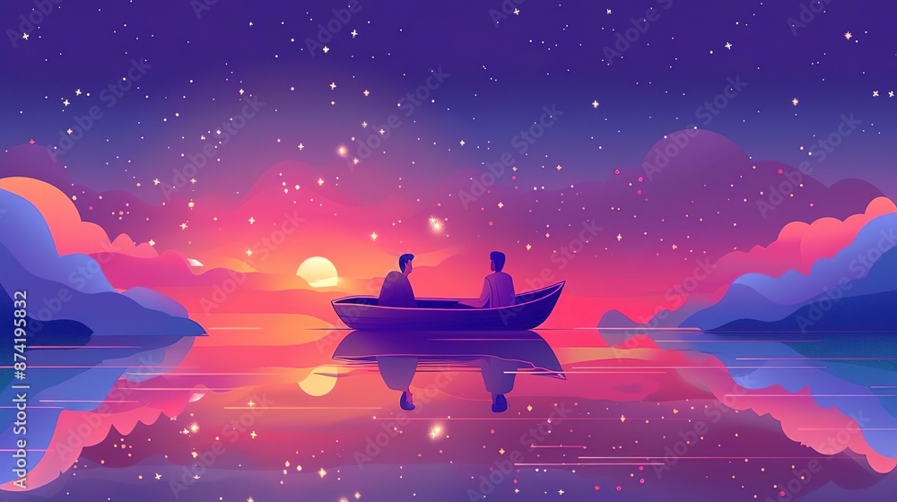 Two people in a boat on a lake at sunset with a starry sky.
