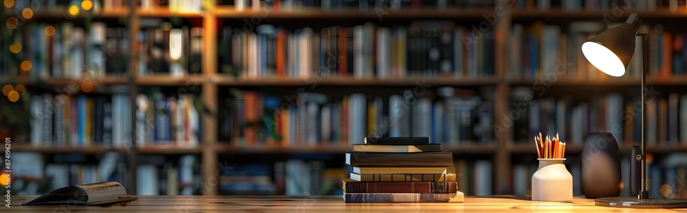 Real photo of wooden desk with fresh plant, black lamp, coffee cup and books standing on half-wall with simple posters. AI generated illustration Real photo of wooden desk with fresh plant, black lamp, coffee cup and books standing on half-wall with simple posters. AI generated illustration