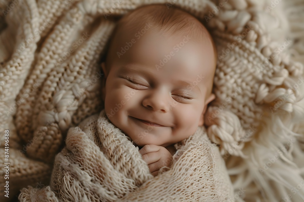 Adorable Smiling Baby Wrapped in Cozy Knitted Blanket