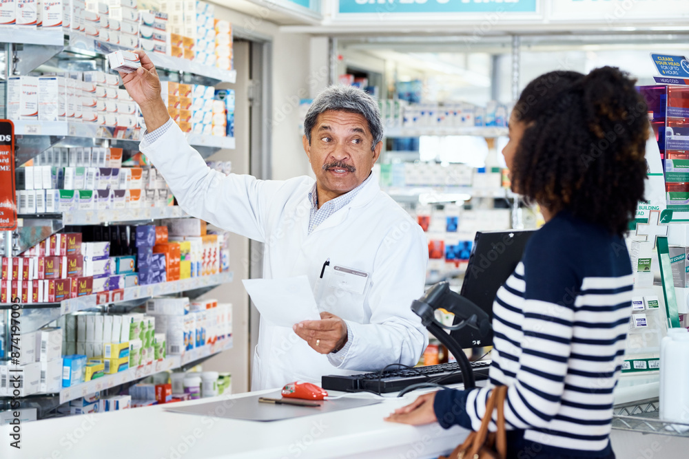 Obraz premium Help, pharmacist and woman with prescription for consulting for certificate, medication review and refill request for illness. Female customer, man and letter for dosage instructions and healthcare