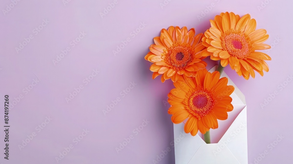 Fototapeta premium Orange gerberas in a white envelope, seen from the top against a pastel purple background, offering a bright and joyful appearance.