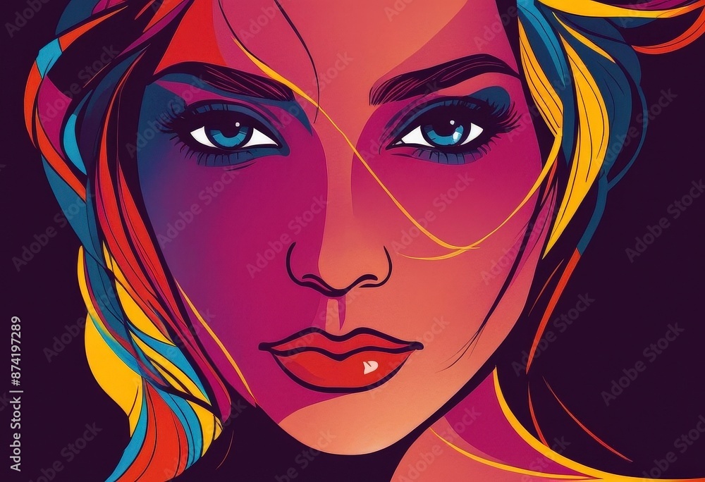 The image presents a striking portrait of an individual, rendered predominantly in hues of pink and red with subtle accents of blue and yellow adding depth to the composition The face occupies the The image presents a striking portrait of an individual, rendered predominantly in hues of pink and red with subtle accents of blue and yellow adding depth to the composition The face occupies the