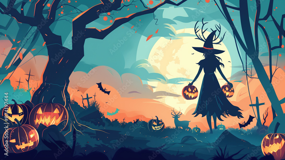 Enchanting Witch with Antlers in Minimal Cartoon Style Halloween Scene Enchanting Witch with Antlers in Minimal Cartoon Style Halloween Scene