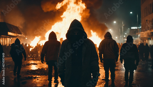 A violent riot or street fight by criminal gangs or extremists, masked faces in black clothes and hoodies, fire and flames in the burning city, looting and demonstrations causing chaos and unrest photo