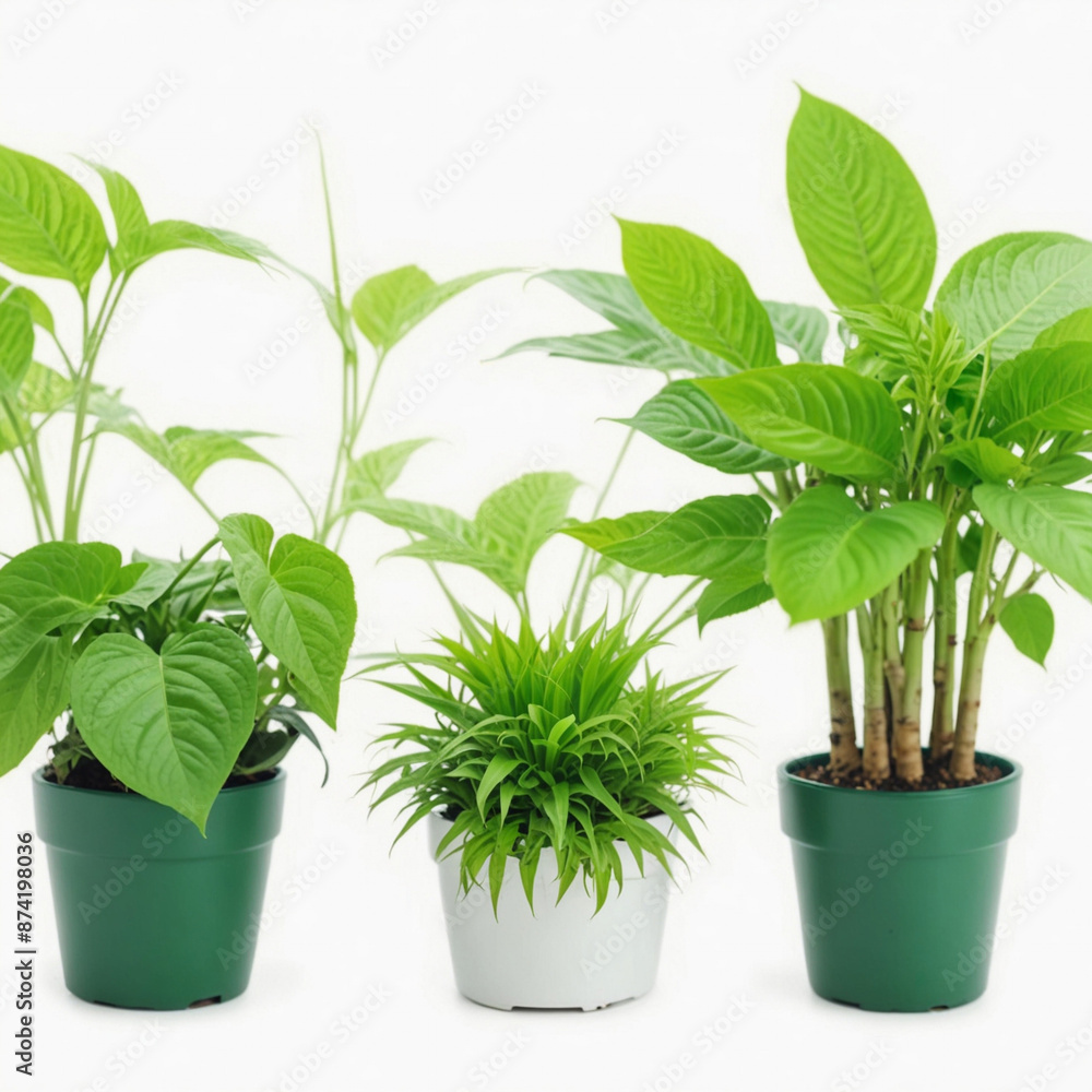 Obraz premium Green plants in potted for interior decoration, isolated on white background