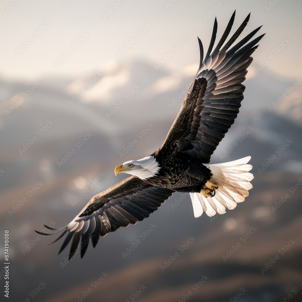 Naklejka premium A majestic bald eagle soaring peacefully in the sky, with stunning mountains and snow-capped peaks in the background.