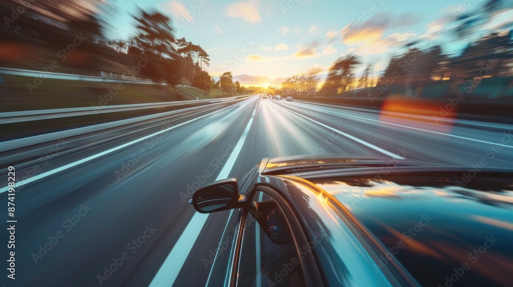 A car is driving down a highway with a sunset in the background A car is driving down a highway with a sunset in the background