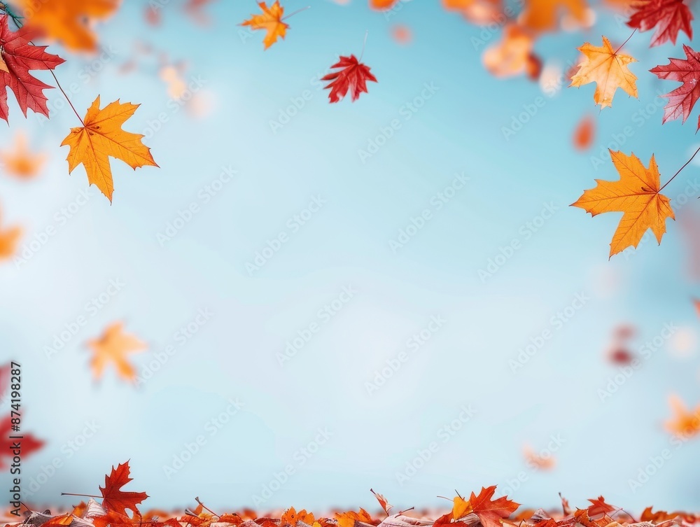 Vibrant autumn leaves falling from trees against a clear blue sky, capturing the beauty and essence of the autumn season. Vibrant autumn leaves falling from trees against a clear blue sky, capturing the beauty and essence of the autumn season.