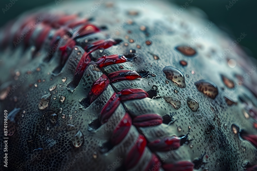 Close-Up of a Wet Baseball with Red Stitches Close-Up of a Wet Baseball with Red Stitches
