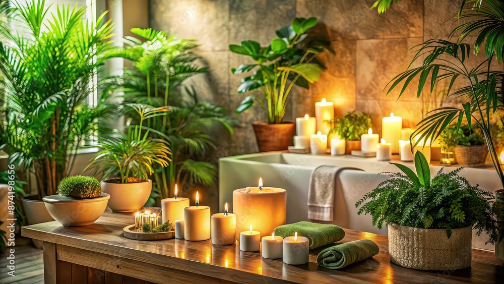 Tranquil spa room filled with green plants and candles creating a cozy atmosphere, Spa, retreat, relaxation, serenity Tranquil spa room filled with green plants and candles creating a cozy atmosphere, Spa, retreat, relaxation, serenity