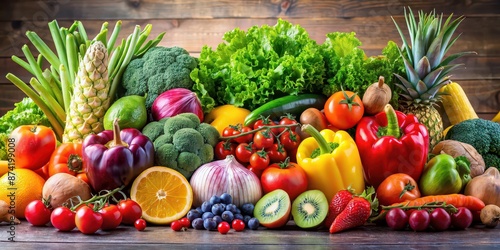 Vibrant and fresh fruits and vegetables on a background, vibrant, fresh, produce, colorful, healthy, organic,background