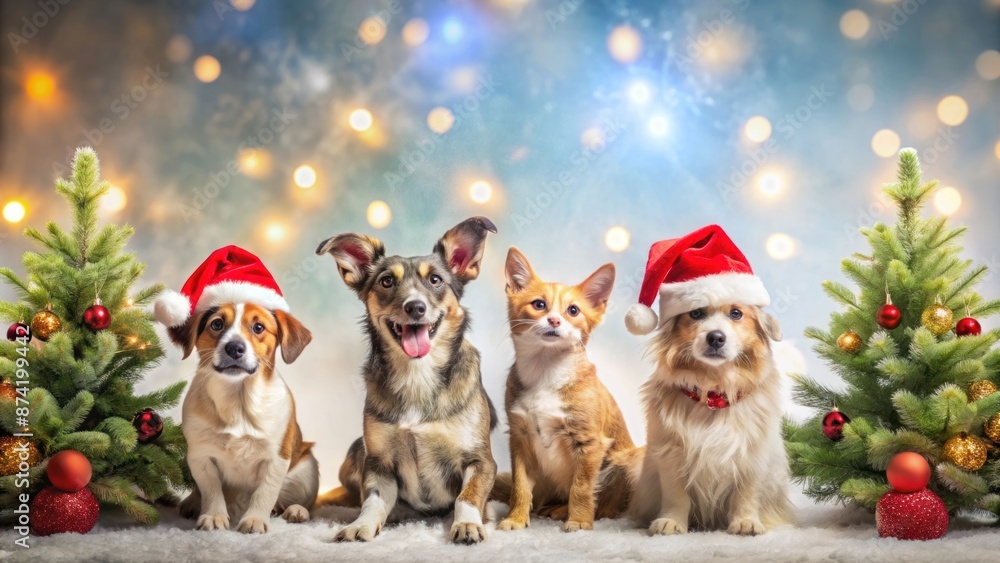 A group of adorable puppies, including a tiny chihuahua, pose playfully in a festive Santa hat A group of adorable puppies, including a tiny chihuahua, pose playfully in a festive Santa hat