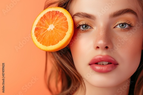 Citrus Beauty Close-Up of Woman with Orange Slice on Peach Background