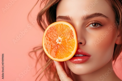 Natural Radiance Woman and Orange Slice on Pastel Peach Background