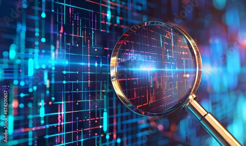 Magnifying glass over digital data visualizations and charts, symbolizing the lens of analysis in business intelligence, set against a softly blurred background in professional photography style.
