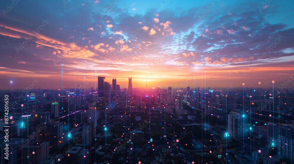 Fototapeta premium Renewable energy system for future smart city at sunset