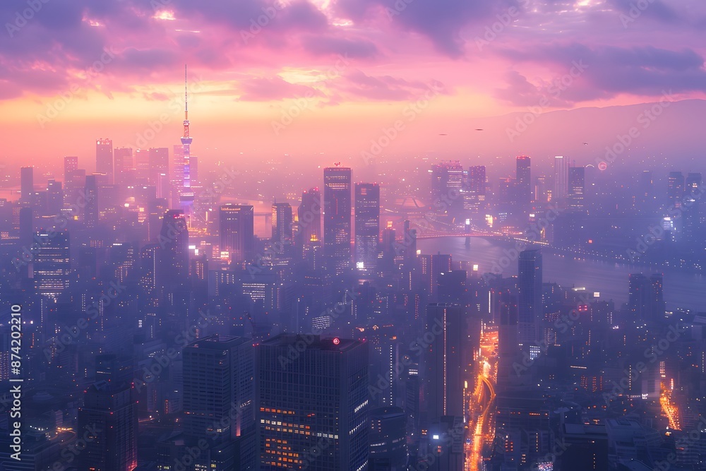 Fototapeta premium Majestic Urban Skyline at Dusk with Illuminated Skyscrapers and a Vibrant Sky