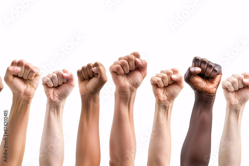 Diverse hands raised in a fist, a symbol of unity and strength