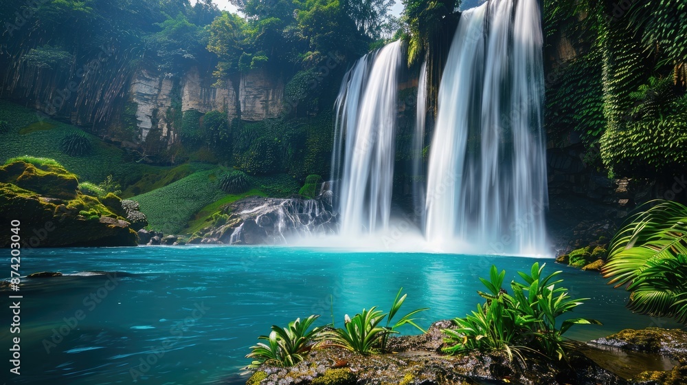 Fototapeta premium A majestic waterfall cascading into a turquoise pool, surrounded by lush greenery and tropical plants.