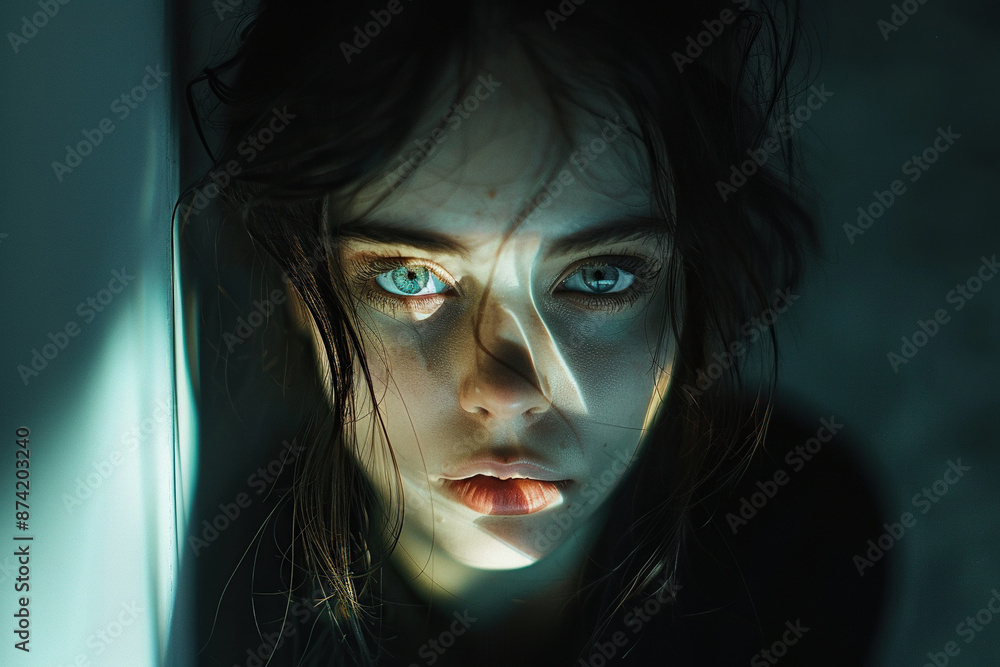 An image of a woman's frightened face near an empty wall. Generated by artificial intelligence An image of a woman's frightened face near an empty wall. Generated by artificial intelligence