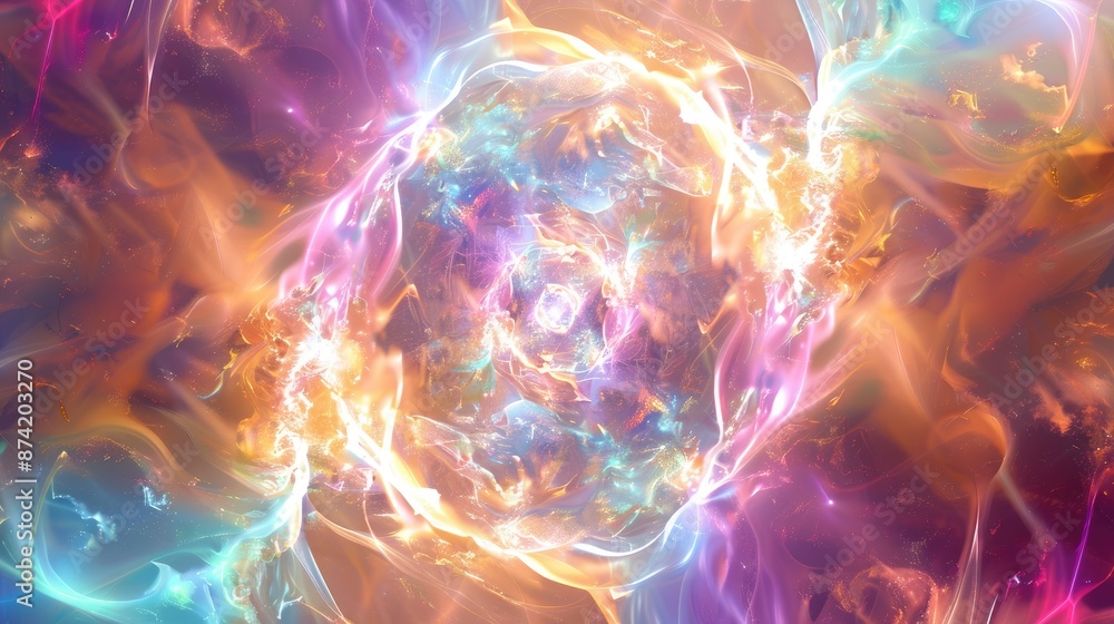 Obraz premium Ethereal energy background with white light streams and a central vortex surrounded by aqua purple pink and golden yellow