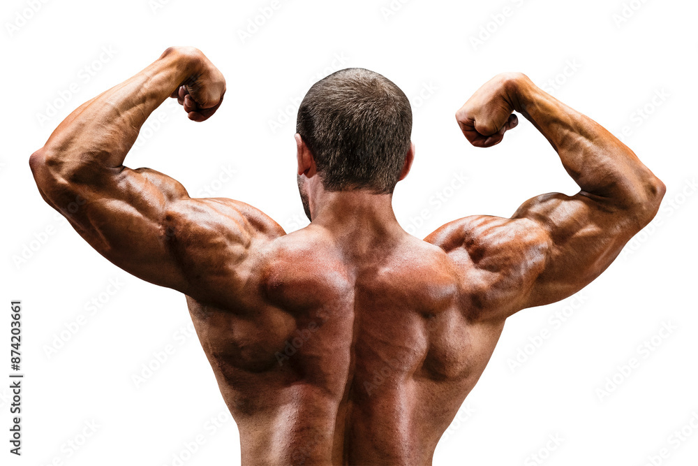 athlete bodybuilder posing back double biceps for bodybuilding isolated on transparent background athlete bodybuilder posing back double biceps for bodybuilding isolated on transparent background