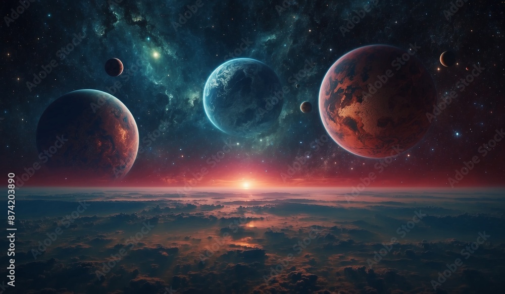 Futuristic planets and stars over horizon, a cosmic view Futuristic planets and stars over horizon, a cosmic view