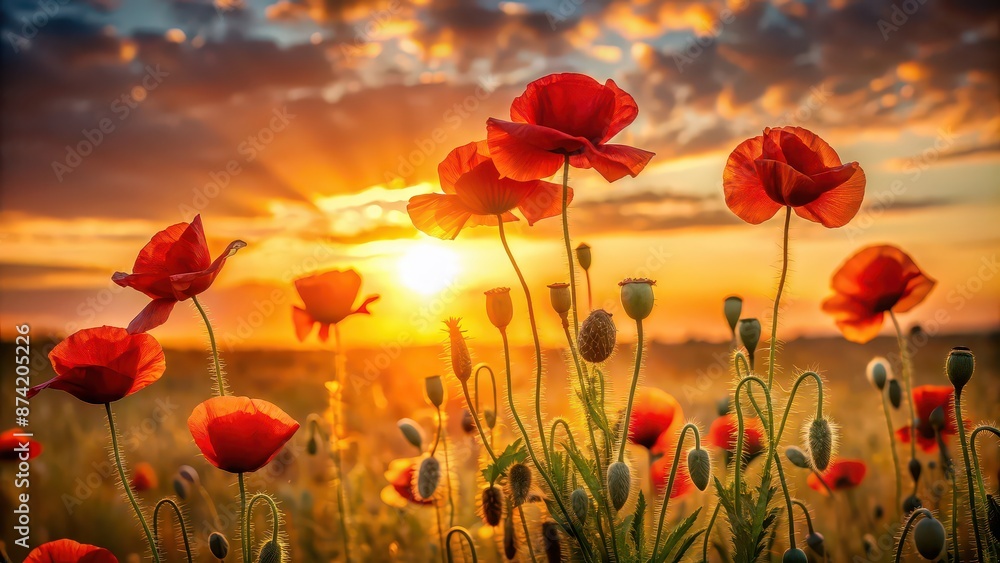 Obraz premium Vibrant poppy flowers silhouetted against a golden sunset backdrop, poppy, flower, sunset, vibrant, silhouette, nature, botanical, red