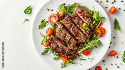 Grilled Meat with Fresh Vegetable Salad on White Plate