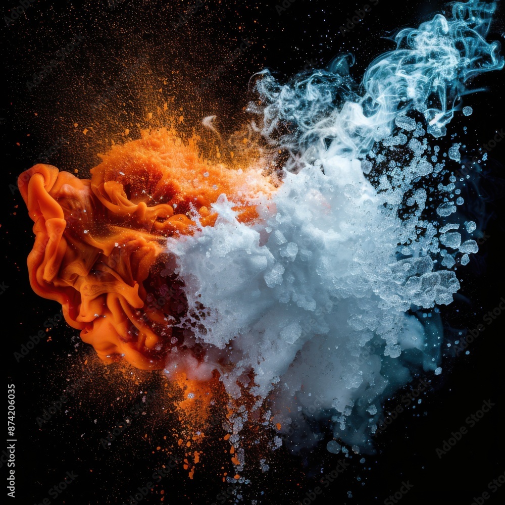 Fire and ice collision, steam explosion with frozen particles. Canon ...