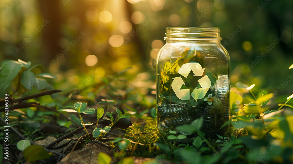 Glass jar with recycling symbol in dense forest, eco-friendly packaging solution for sustainable lifestyle
