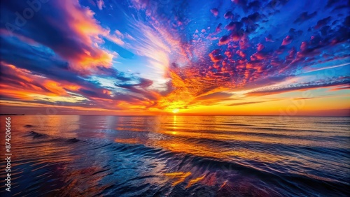 Vibrant sunset casting a colorful glow over the calm sea, sunset, sea, ocean, horizon, dusk, evening, water, reflection, peaceful