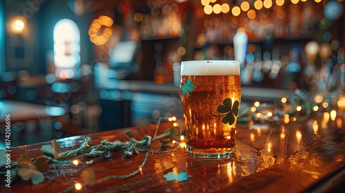 Pint of beer on bar with festive clovers and lights