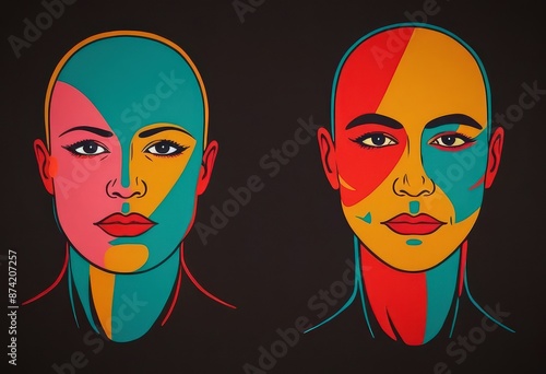The image presents a striking visual of two identical heads, each exhibiting vibrant geometric patterns of blue and pink on the forehead and cheeks, with bold red lines defining their boundaries The photo