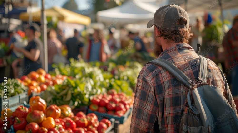 Man Shopping at Outdoor Farmers Market with Fresh Produce. Generative ai Man Shopping at Outdoor Farmers Market with Fresh Produce. Generative ai