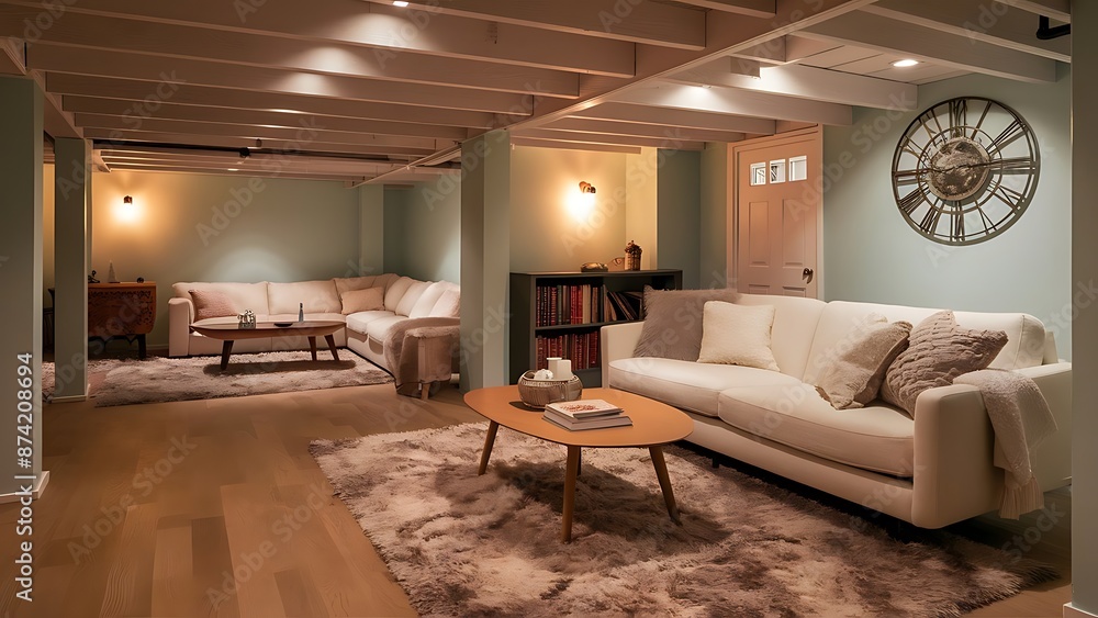 Pastel blue walls in basement living room interior. Pastel blue walls in basement living room interior.