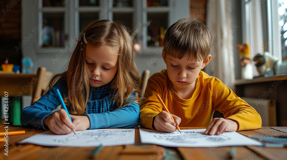smiling little kid doodling with a pen and paper, drawing and writing on a white page in a school, colourful, coloring a page smiling little kid doodling with a pen and paper, drawing and writing on a white page in a school, colourful, coloring a page