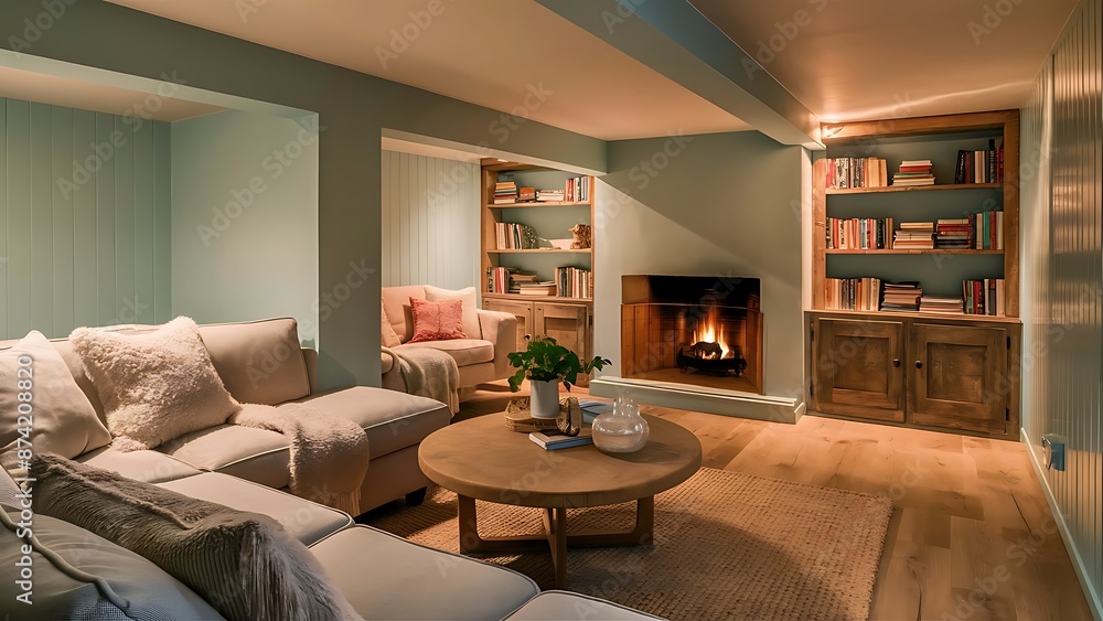 Fototapeta premium Pastel blue walls in basement living room interior.