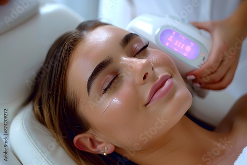 Woman Enjoying a Relaxing Facial Treatment with Advanced Skincare Technology