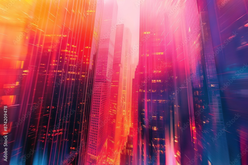 Naklejka premium Hi-tech abstract background. Cityscape of skyscrapers with pink orange color