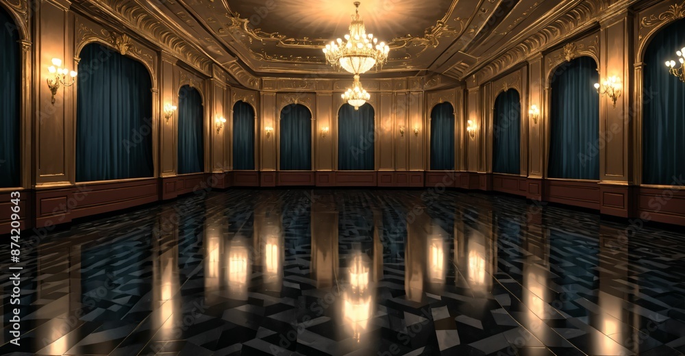 Obraz premium royal ballroom palace castle room interior. open mansion hall with pattern on smooth stone flooring. adorned in luxurious noble black and gold palette with intricate detail and warm lighting.