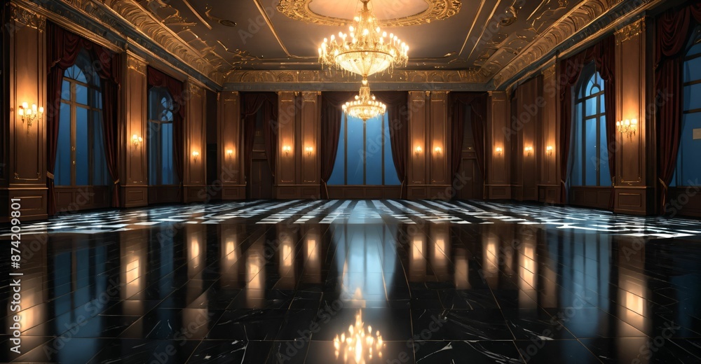 Fototapeta premium royal ballroom palace castle room interior. open mansion hall with pattern on smooth stone flooring. adorned in luxurious noble black and gold palette with intricate detail and warm lighting.