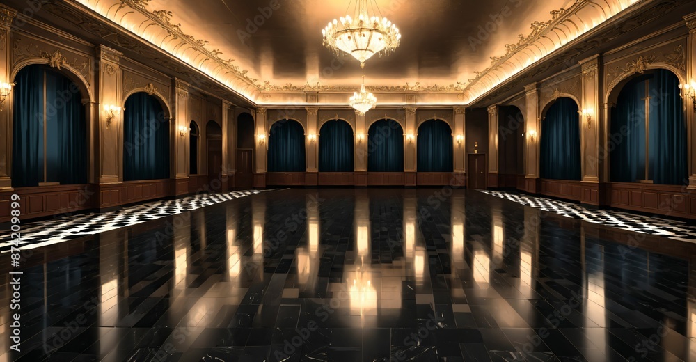 Obraz premium royal ballroom palace castle room interior. open mansion hall with pattern on smooth stone flooring. adorned in luxurious noble black and gold palette with intricate detail and warm lighting.