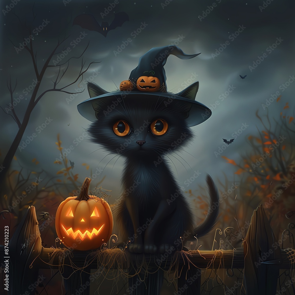 Cute black cat in a witch hat with a pumpkin on a fence Cute black cat in a witch hat with a pumpkin on a fence