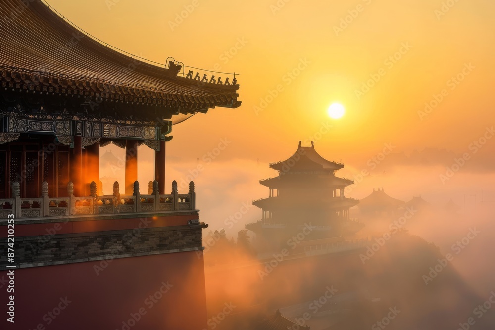 In Chinese mythology, the palace in the sky is a magnificent structure where many celestial soldiers and generals stand on clouds In Chinese mythology, the palace in the sky is a magnificent structure where many celestial soldiers and generals stand on clouds