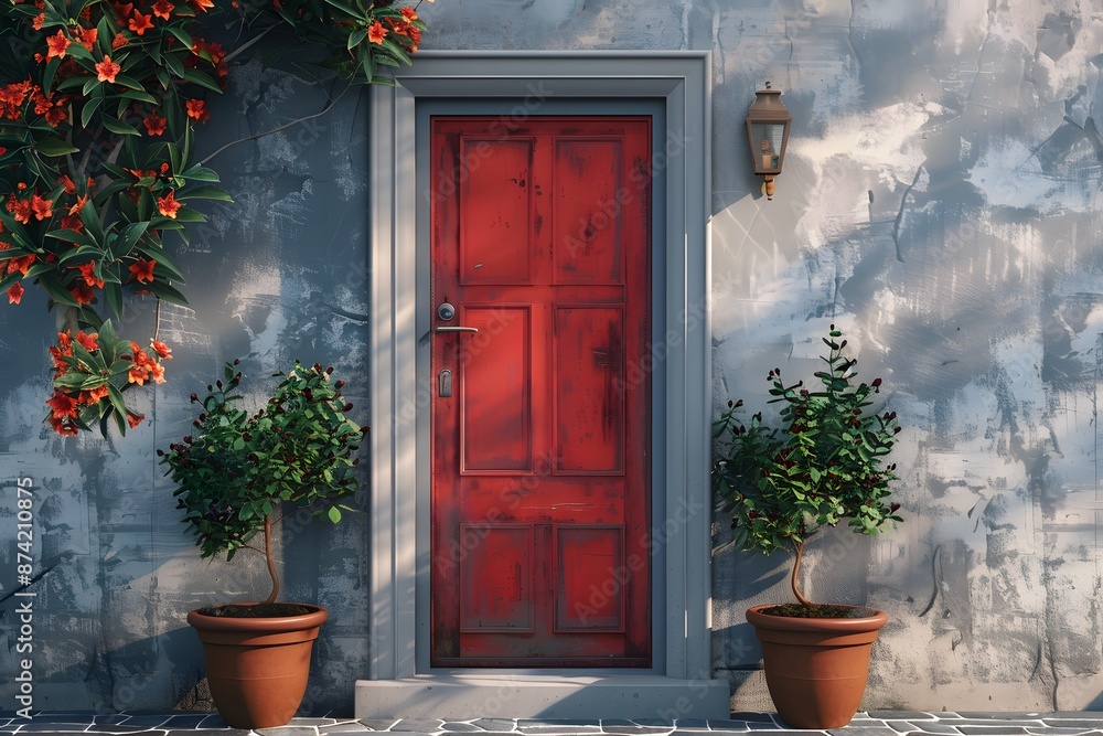 Charming Red Door with Potted Plants and Climbing Flowers Charming Red Door with Potted Plants and Climbing Flowers