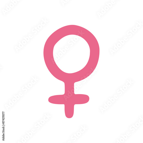 Doodle female gender symbol vector illustration, pink hand drawn woman sign isolated on white background