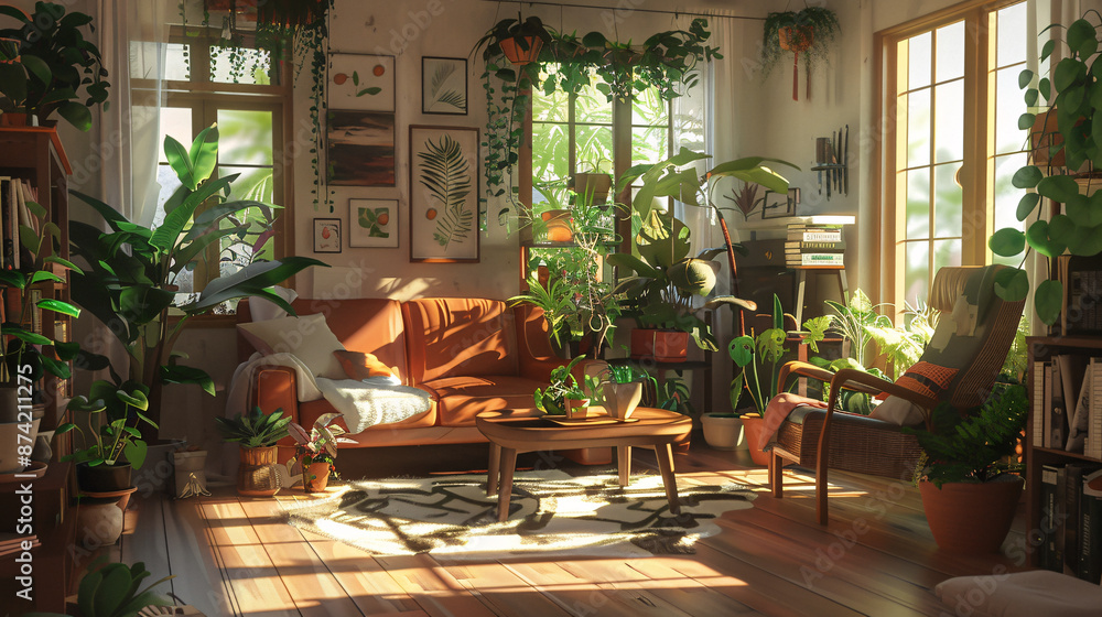lofi living room with full of plants , anime style lofi living room with full of plants , anime style