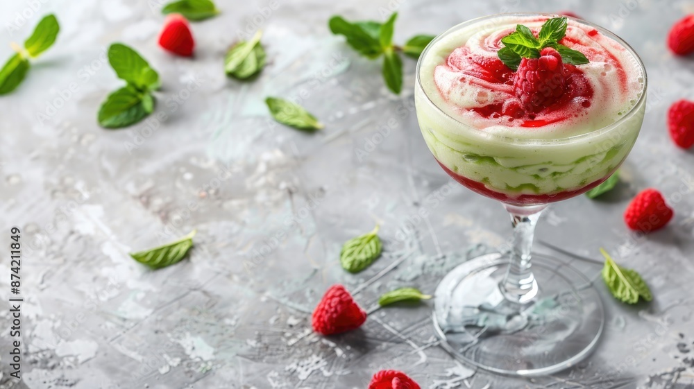 Creamy dessert in glass with raspberries and mint on textured grey surface Creamy dessert in glass with raspberries and mint on textured grey surface