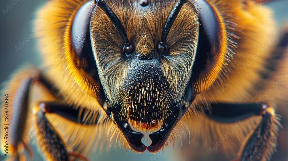 Close-up of bee's detailed, hairy face and antennae Close-up of bee's detailed, hairy face and antennae